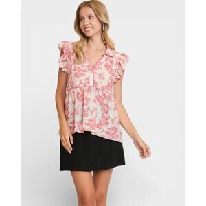 Umgee Botanical Print Babydoll Blouse Top 1XL Pink Ruffle Feminine Plus Size